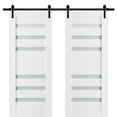 thumbnail image 1 of Sturdy Double Barn Door 64 x 96 inches with Frosted Glass | Quadro 4266 White Silk | Top Mount 13FT Rail Hangers Heavy Set | Solid Panel Interior Doors, 1 of 6