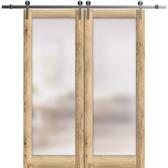 Sturdy Double Barn Door 64 x 96 inches | Planum 2102 Oak | Stainless Steel 13FT Rail Hangers Heavy Set | Solid Panel Interior Doors