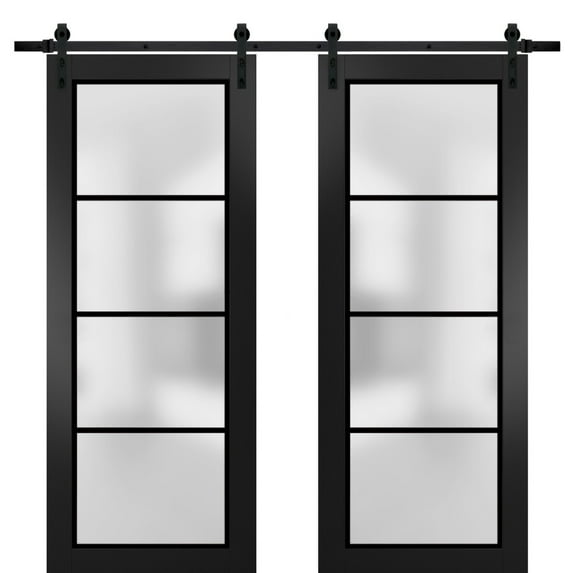 Sturdy Double Barn Door 64 x 96 inches | Planum 2132 Matte Black Frosted Glass | 13FT Rail Hangers Heavy Set | Solid Panel Interior Doors