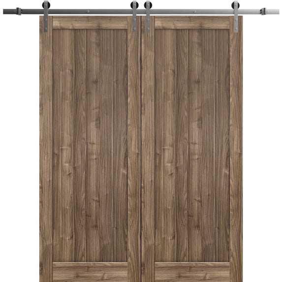 Sturdy Double Barn Door 64 x 96 inches | Quadro 4111 Walnut | Stainless Steel 13FT Rail Hangers Heavy Set | Solid Panel Interior Doors