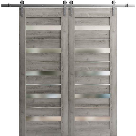 Sturdy Double Barn Door 64 x 96 inches | Quadro 4445 Nebraska Grey with Frosted Glass | Stainless Steel 13FT Rail Hangers Heavy Set | Solid Panel Interior Doors