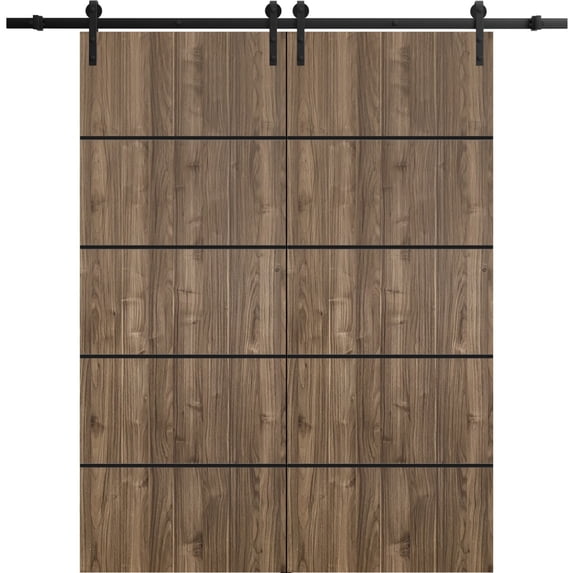 Sturdy Double Barn Door 64 x 96 inches with | Planum 0015 Walnut with Frosted Glass | 13FT Rail Hangers Heavy Set | Solid Panel Interior Doors