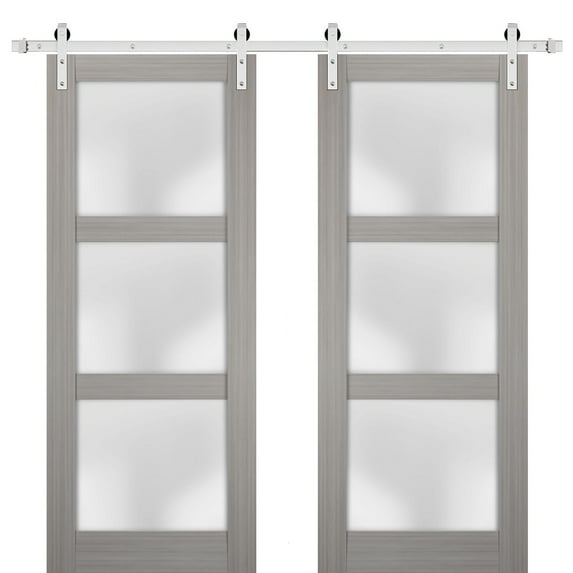 Sturdy Double Barn Door 72 x 80 inches with Frosted Glass | Lucia 2552 Grey Ash | Stainless Steel 13FT Rail Hangers Heavy Set | Solid Panel Interior Doors