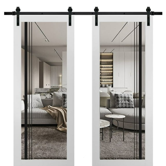 Sturdy Double Barn Door 72 x 80 inches | Lucia 2566 White Silk Clear Glass | Stainless Steel 13FT Rail Hangers Heavy Set | Solid Panel Interior Doors