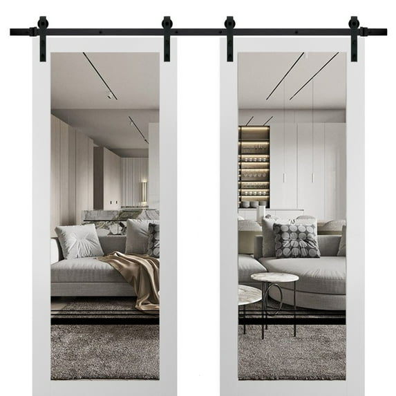 Sturdy Double Barn Door 72 x 80 inches | Lucia 2666 White Silk Clear Glass | Stainless Steel 13FT Rail Hangers Heavy Set | Solid Panel Interior Doors