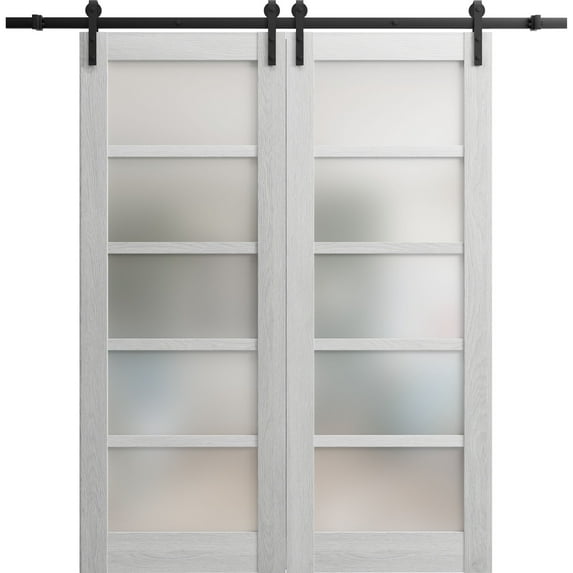 Sturdy Double Barn Door 72 x 80 inches | Quadro 4002 Light Grey Oak with Frosted Glass | Stainless Steel 13FT Rail Hangers Heavy Set | Solid Panel Interior Doors