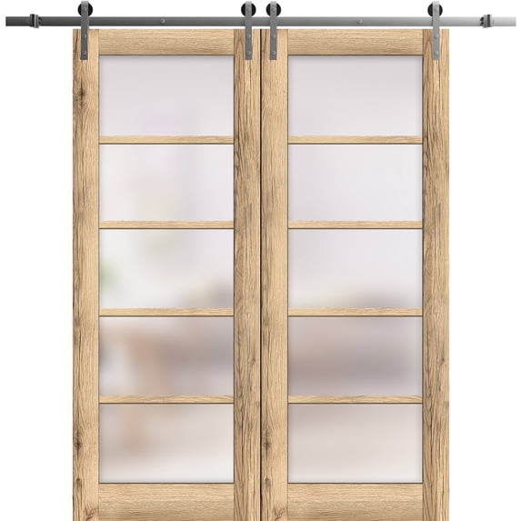 Sturdy Double Barn Door 72 x 80 inches | Quadro 4002 Oak | Stainless Steel 13FT Rail Hangers Heavy Set | Solid Panel Interior Doors