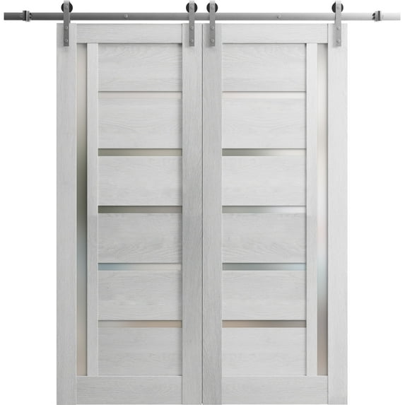 Sturdy Double Barn Door 72 x 80 inches | Quadro 4088 Light Grey Oak with Frosted Glass | 13FT Rail Hangers Heavy Set | Solid Panel Interior Doors