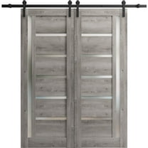 Sturdy Double Barn Door 72 x 80 inches | Quadro 4088 Nebraska Grey with Frosted Glass | Stainless Steel 13FT Rail Hangers Heavy Set | Solid Panel Interior Doors
