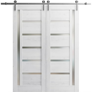 Sturdy Double Barn Door 72 x 80 inches | Quadro 4088 Nordic White with Frosted Glass | 13FT Rail Hangers Heavy Set | Solid Panel Interior Doors