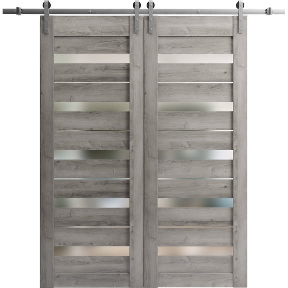 Sturdy Double Barn Door 72 x 80 inches | Quadro 4445 Nebraska Grey with Frosted Glass | Stainless Steel 13FT Rail Hangers Heavy Set | Solid Panel Interior Doors