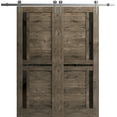 thumbnail image 1 of Sturdy Double Barn Door 72 x 80 inches with | Veregio 7588 Cognac Oak with Black Glass | Stainless Steel 13FT Rail Hangers Heavy Set | Solid Panel Interior Doors, 1 of 5