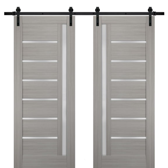 Sturdy Double Barn Door 72 x 80 inches with Frosted Glass | Quadro 4088 Grey Ash | Top Mount 13FT Rail Hangers Heavy Set | Solid Panel Interior Doors