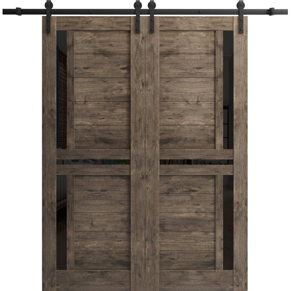 Sturdy Double Barn Door 72 x 80 inches with | Veregio 7588 Cognac Oak with Black Glass | 13FT Rail Hangers Heavy Set | Solid Panel Interior Doors