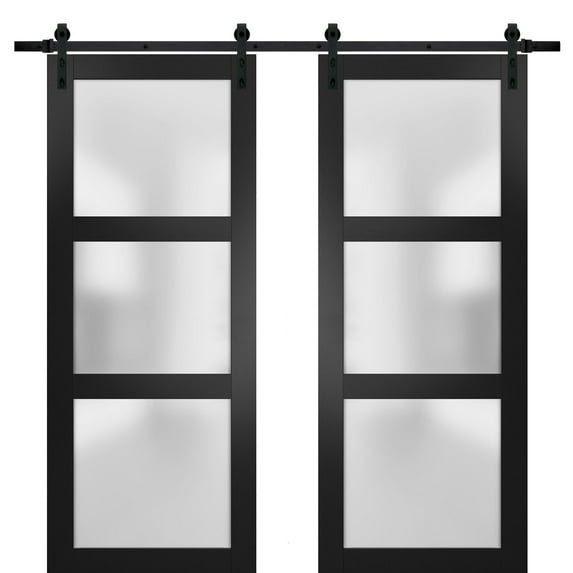 Sturdy Double Barn Door 72 x 84 inches with Frosted Glass | Lucia 2552 Matte Black | Top Mount 13FT Rail Hangers Heavy Set | Solid Panel Interior Doors