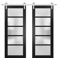 thumbnail image 1 of Sturdy Double Barn Door 72 x 84 inches with Frosted Glass | Quadro 4002 Matte Black | Stainless Steel 13FT Rail Hangers Heavy Set | Solid Panel Interior Doors, 1 of 6
