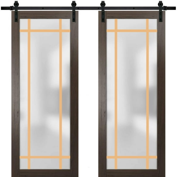 Sturdy Double Barn Door 72 x 84 inches | Planum 2113 Chocolate Ash Frosted Glass | 13FT Rail Hangers Heavy Set | Solid Panel Interior Doors