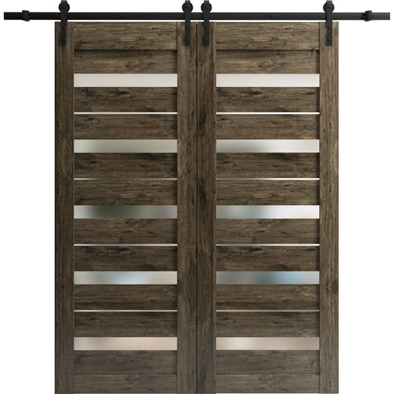 Sturdy Double Barn Door 72 x 84 inches | Quadro 4445 Cognac Oak with Frosted Glass | 13FT Rail Hangers Heavy Set | Solid Panel Interior Doors