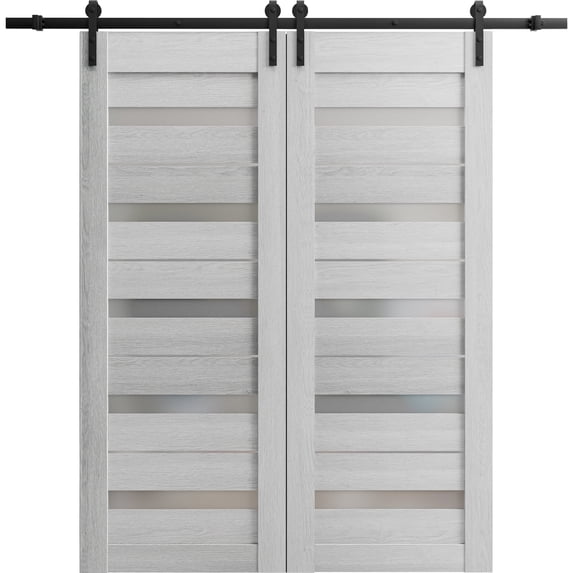 Sturdy Double Barn Door 72 x 84 inches | Quadro 4445 Light Grey Oak with Frosted Glass | 13FT Rail Hangers Heavy Set | Solid Panel Interior Doors
