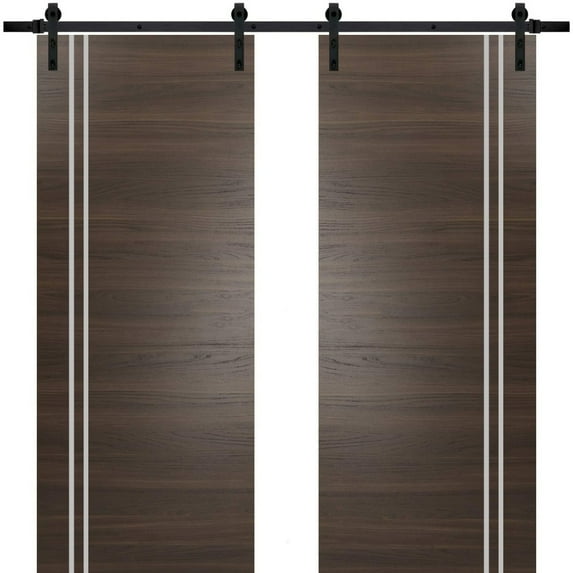 Sturdy Double Barn Door 72 x 84 inches with | Planum 0310 Chocolate Ash with Frosted Glass | 13FT Rail Hangers Heavy Set | Solid Panel Interior Doors