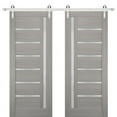 thumbnail image 1 of Sturdy Double Barn Door 72 x 96 inches with Frosted Glass | Quadro 4088 Grey Ash | Stainless Steel 13FT Rail Hangers Heavy Set | Solid Panel Interior Doors, 1 of 6