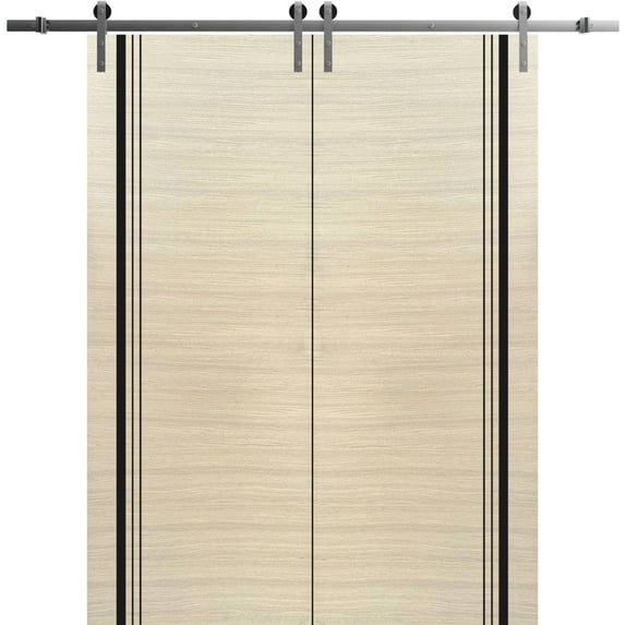 Sturdy Double Barn Door 72 x 96 inches with | Planum 0011 Natural Veneer with Frosted Glass | Stainless Steel 13FT Rail Hangers Heavy Set | Solid Panel Interior Doors