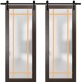 thumbnail image 1 of Sturdy Double Barn Door 72 x 96 inches | Planum 2113 Chocolate Ash Frosted Glass | 13FT Rail Hangers Heavy Set | Solid Panel Interior Doors, 1 of 5
