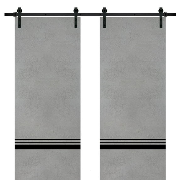 Sturdy Double Barn Door 72 x 96 inches with | Planum 0012 Concrete with Frosted Glass | 13FT Rail Hangers Heavy Set | Solid Panel Interior Doors