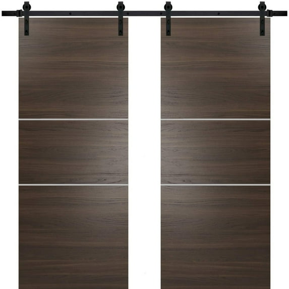 Sturdy Double Barn Door 72 x 96 inches with | Planum 0110 Chocolate Ash with Frosted Glass | 13FT Rail Hangers Heavy Set | Solid Panel Interior Doors