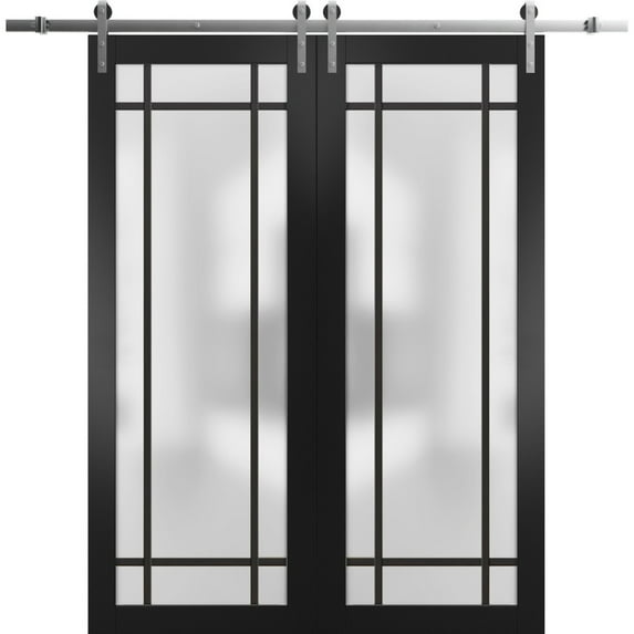 Sturdy Double Barn Door 84 x 80 inches | Planum 2112 Matte Black Frosted Glass | Stainless Steel 14FT Rail Hangers Heavy Set | Solid Panel Interior Doors