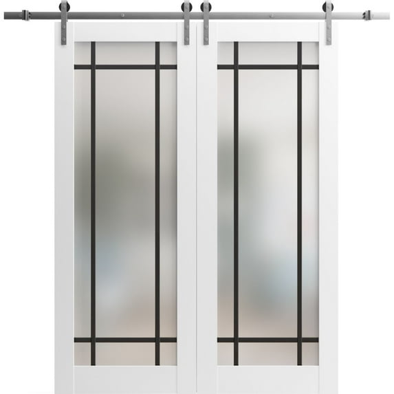 Sturdy Double Barn Door 84 x 80 inches | Planum 2112 White Silk Frosted Glass | Stainless Steel 14FT Rail Hangers Heavy Set | Solid Panel Interior Doors