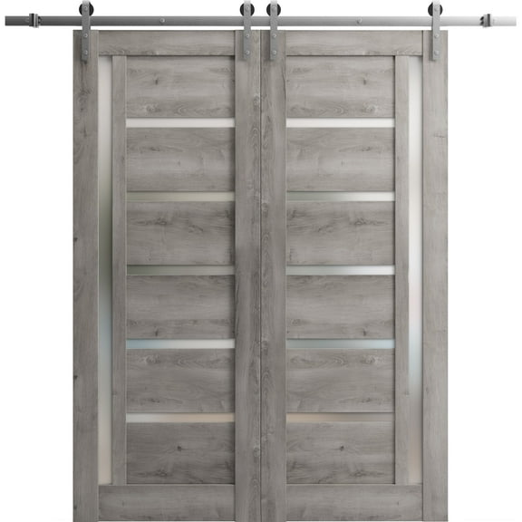 Sturdy Double Barn Door 84 x 80 inches | Quadro 4088 Nebraska Grey with Frosted Glass | 14FT Rail Hangers Heavy Set | Solid Panel Interior Doors