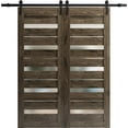 thumbnail image 1 of Sturdy Double Barn Door 84 x 80 inches | Quadro 4445 Cognac Oak with Frosted Glass | 14FT Rail Hangers Heavy Set | Solid Panel Interior Doors, 1 of 5