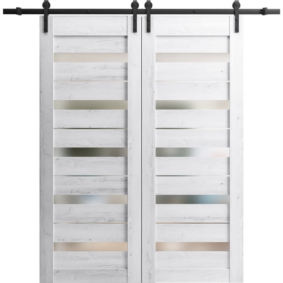 Sturdy Double Barn Door 84 x 80 inches | Quadro 4445 Nordic White with Frosted Glass | 14FT Rail Hangers Heavy Set | Solid Panel Interior Doors