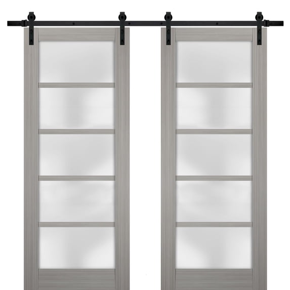 Sturdy Double Barn Door 84 x 80 inches with Frosted Glass | Quadro 4002 Grey Ash | Top Mount 14FT Rail Hangers Heavy Set | Solid Panel Interior Doors