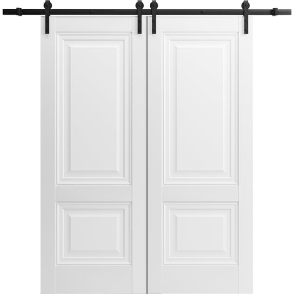 Sturdy Double Barn Door 84 x 80 inches with | Lucia 8831 White Silk | 14FT Rail Hangers Heavy Set | Solid Panel Interior Doors