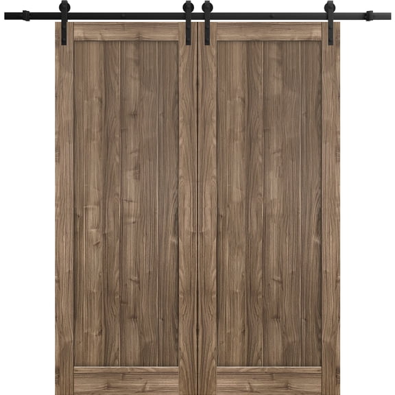 Sturdy Double Barn Door 84 x 84 inches | Quadro 4111 Walnut | 14FT Rail Hangers Heavy Set | Solid Panel Interior Doors