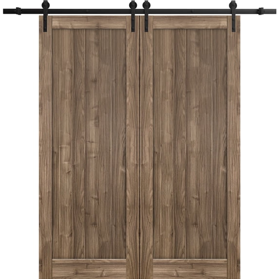 Sturdy Double Barn Door 84 x 84 inches | Quadro 4111 Walnut | 14FT Rail Hangers Heavy Set | Solid Panel Interior Doors