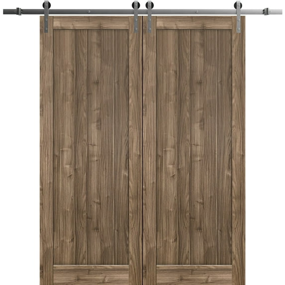 Sturdy Double Barn Door 84 x 84 inches | Quadro 4111 Walnut | Stainless Steel 14FT Rail Hangers Heavy Set | Solid Panel Interior Doors