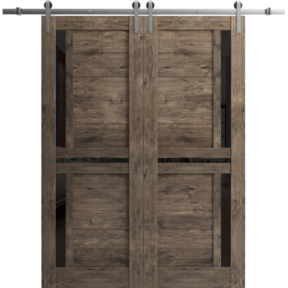 Sturdy Double Barn Door 84 x 84 inches with | Veregio 7588 Cognac Oak with Black Glass | Stainless Steel 14FT Rail Hangers Heavy Set | Solid Panel Interior Doors