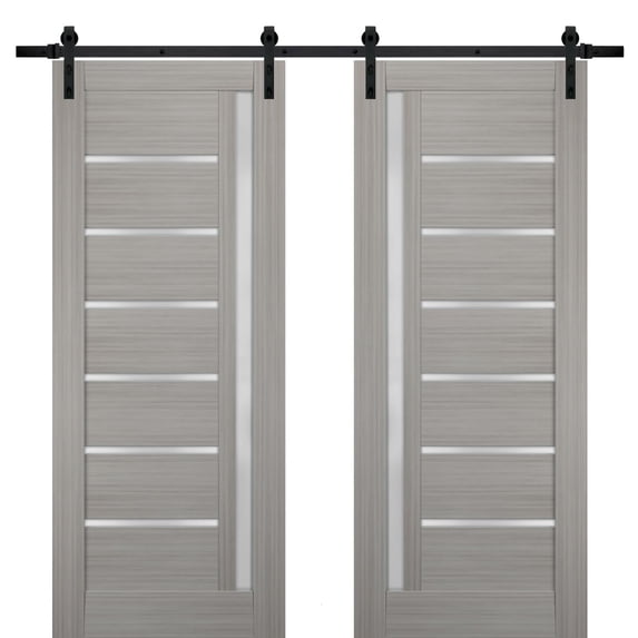 Sturdy Double Barn Door 84 x 84 inches with Frosted Glass | Quadro 4088 Grey Ash | Top Mount 14FT Rail Hangers Heavy Set | Solid Panel Interior Doors