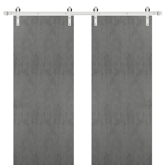 Sturdy Double Barn Door 84 x 84 inches with | Planum 0010 Concrete | Stainless Steel 14FT Rail Hangers Heavy Set | Solid Panel Interior Doors