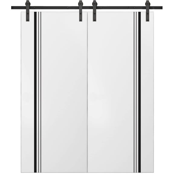Sturdy Double Barn Door 84 x 84 inches with | Planum 0011 White Silk with Frosted Glass | 14FT Rail Hangers Heavy Set | Solid Panel Interior Doors