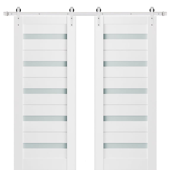 Sturdy Double Barn Door 84 x 96 inches with Frosted Glass | Quadro 4445 White Silk | Stainless Steel 14FT Rail Hangers Heavy Set | Solid Panel Interior Doors