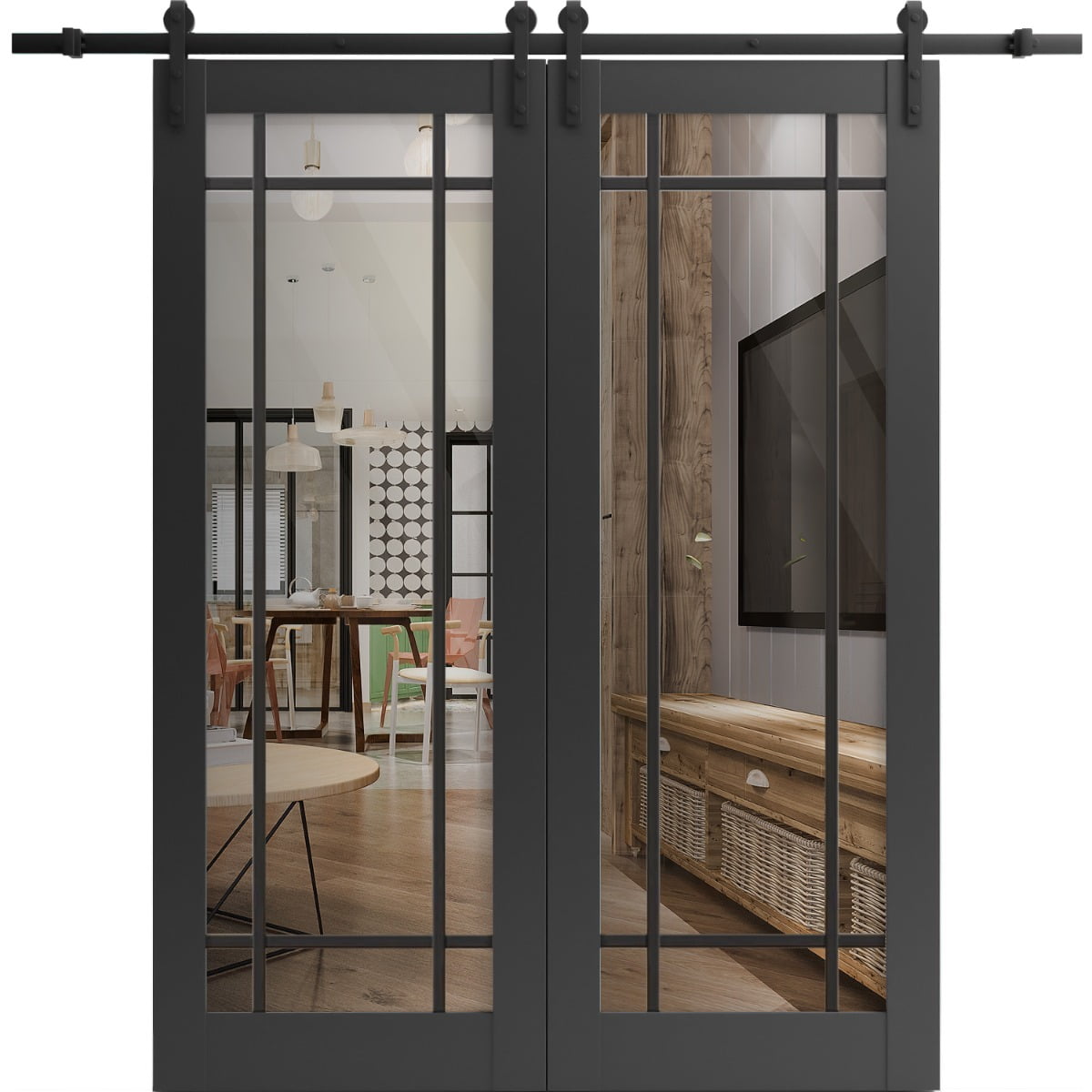Sturdy Double Barn Door 84 x 96 inches | Lucia 2266 Matte Black Clear ...