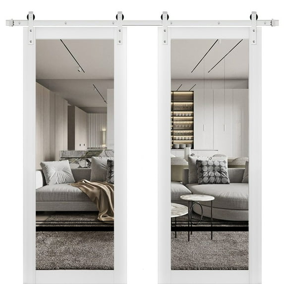 Sturdy Double Barn Door 84 x 96 inches | Lucia 2666 White Silk Clear Glass | 14FT Rail Hangers Heavy Set | Solid Panel Interior Doors