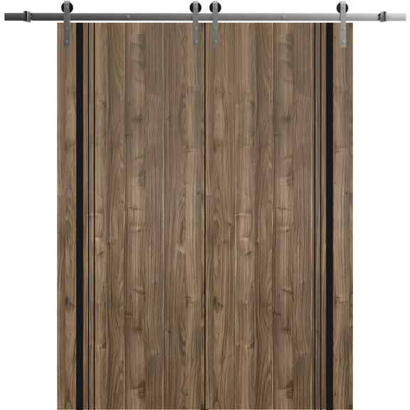 Sturdy Double Barn Door 84 x 96 inches with | Planum 0011 Walnut with Frosted Glass | Stainless Steel 14FT Rail Hangers Heavy Set | Solid Panel Interior Doors