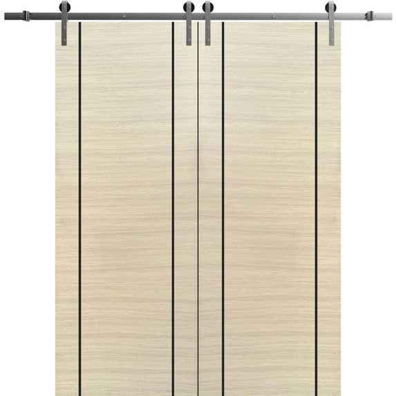 Sturdy Double Barn Door 84 x 96 inches with | Planum 0017 Natural Veneer with Frosted Glass | Stainless Steel 14FT Rail Hangers Heavy Set | Solid Panel Interior Doors