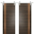 thumbnail image 1 of Sturdy Double Barn Door 84 x 96 inches with | Planum 1010 Chocolate Ash with Frosted Glass | Stainless Steel 14FT Rail Hangers Heavy Set | Solid Panel Interior Doors, 1 of 6
