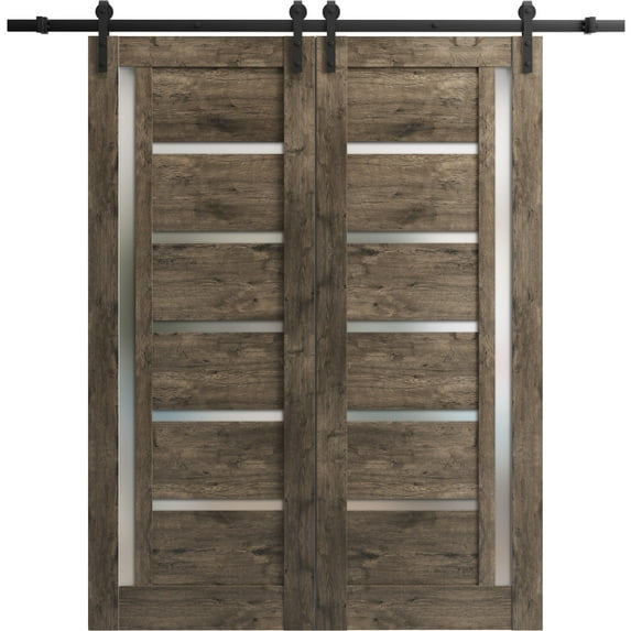 Sturdy Double Barn Door 84 x 96 inches | Quadro 4088 Cognac Oak with Frosted Glass | Stainless Steel 14FT Rail Hangers Heavy Set | Solid Panel Interior Doors